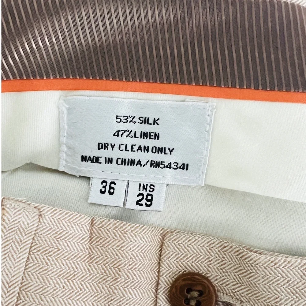 Sette Ponti Pleated Trousers Mens 36x29 Tan Silk Linen Herringbone Cuffed Luxe